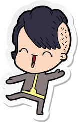 sticker of a cartoon happy hipster girl wearing space suit