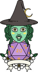 half orc witch character with natural 20 dice roll illustration