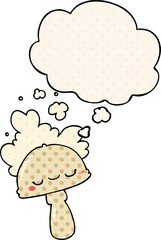 cartoon mushroom with spoor cloud and thought bubble in comic book style