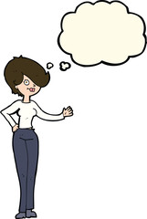 cartoon woman waving with thought bubble