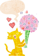 cartoon cat in love with flowers and speech bubble in retro textured style