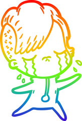 rainbow gradient line drawing cartoon crying girl wearing space clothes