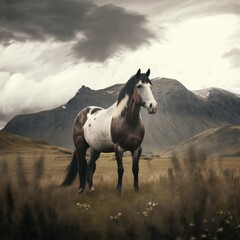 Fototapeta na wymiar Brown and white horse standing in field, created using generative ai technology