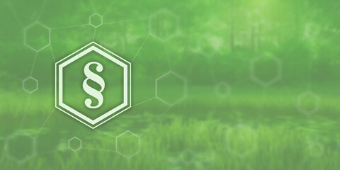 Fototapeta premium Symbol image for regional environmental law with space for text. Paragraph icon in a network in front of photo of forest.