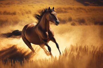 Fototapeta na wymiar Brown horse running in field, created using generative ai technology
