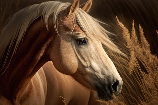 Close up of brown and white horse standing in field, created using generative ai technology
