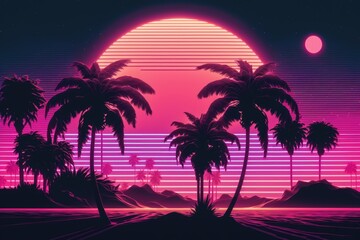 Fototapeta na wymiar Pink and purple landscape with sun, palm trees and mountains, created using generative ai technology