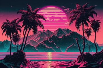 Pink and purple landscape with sun and palm trees, created using generative ai technology
