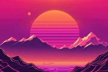 Vaporwave landscape with mountains and sun, created using generative ai technology