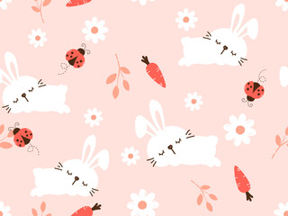 Seamless pattern with sleeping bunny rabbit, branch, ladybird cartoons and daisy flower on pink background vector illustration. Cute childish print.