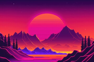 Vaporwave landscape with mountains and sun, created using generative ai technology