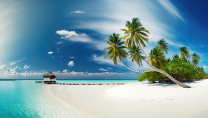 Fototapeta na wymiar Bungalow on an amazing tropical island with coconut palm trees, white sand beach and chrystal clear ocean. Generative AI