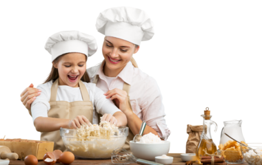 Happy loving mother and child cooking are preparing bakery