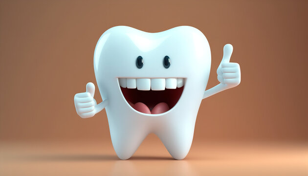 3D White Tooth Cartoon Characters with Thumbs Up - Cleaning and Whitening Teeth Concept on Bright Background