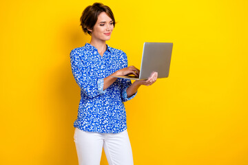 Photo of adorable gorgeous lady wear blue stylish clothes hold write use modern device gadget...