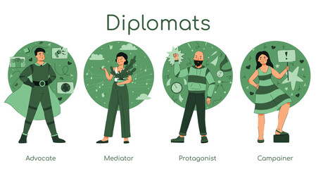 Set of diplomats socionics MBTI person types - obrazy, fototapety, plakaty