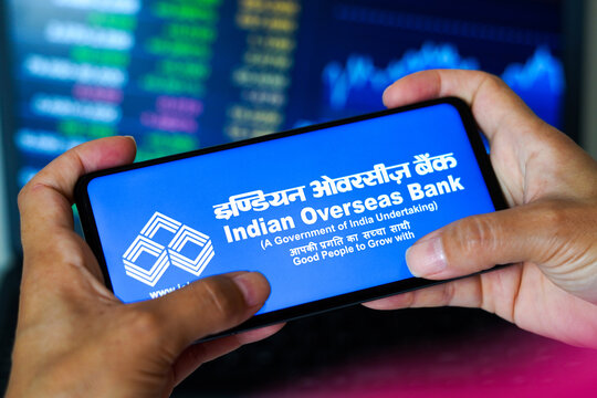 March 13, 2023, Brazil. In this photo illustration, the Indian Overseas Bank (IOB) logo seen displayed on a smartphone.