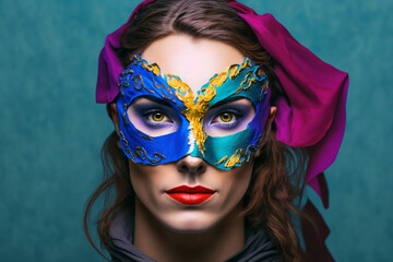 Pretty causasian woman wearing a colorful carnival mask isolated on blue background, generative ai