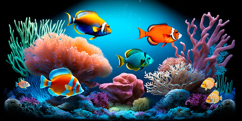 Obraz na płótnie Canvas Tropical sea underwater fishes on coral reef. Aquarium oceanarium wildlife colorful marine panorama landscape nature snorkel diving. AI