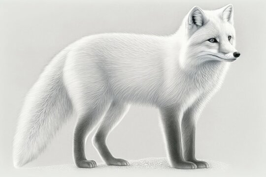 The Arctic fox (Vulpes lagopus), a realistic drawing for the Encyclopedia of Animals of the Arctic Tundra, is shown on a white background. Generative AI