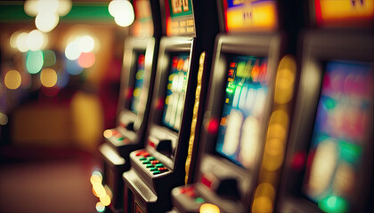Fototapeta na wymiar Slighty blurred slot machines in a casino