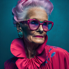 stunning old woman with fashion sunglasses background blue wall