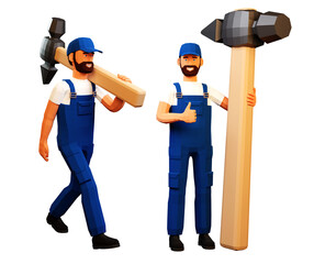 3d contractor with large hammer. Cartoon worker in blue uniform with hammer. 3d illustration