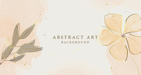 Abstract art background vector. Luxury minimal style wallpaper with golden line art flower and botanical leaves, Organic shapes, Watercolor. Vector background for banner, poster, Web and packaging.