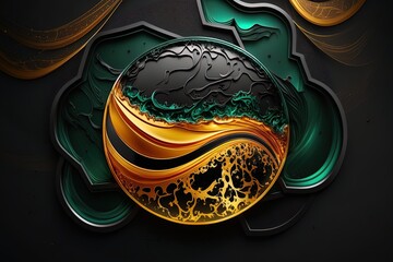Ramadan Kareem template with golden circle frame with empty space with green emerald and black marble with orange background. for eid mubarak design.