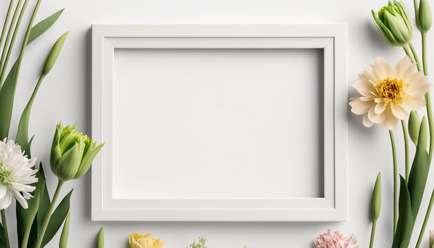 Mockup of picture frame decorated with spring flowers clean space for text on white background.