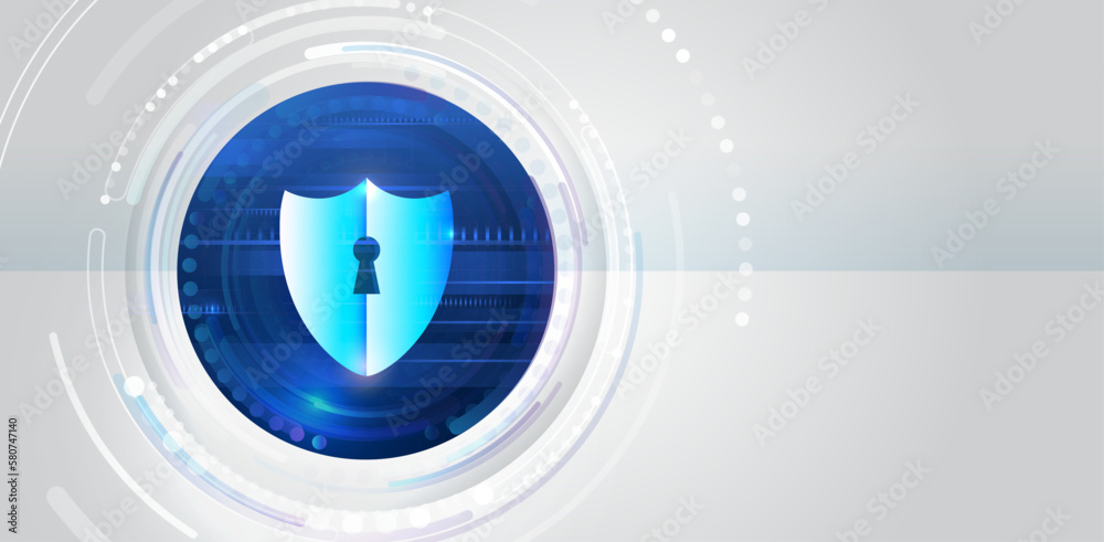 Poster Abstract high tech background. Data security system, information, or network protection. Cyber security and data protection. Shield icon, future technology for verification.