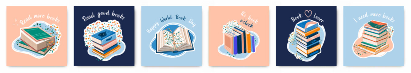 Set of postcards for world book day. Stacks of books, open and closed books to read in flat design style with plants. Vector.