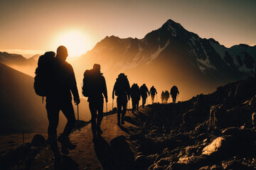 Behind view of group of hiker tourists walks on mountains at sunset, silhouette, generative AI	