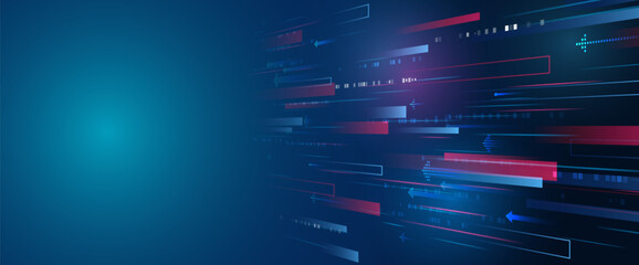 Abstract background with glowing dynamic lines. Futuristic red-blue stripes with arrows. Modern high-tech background for presentations and websites.