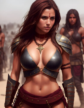 Digital painting of a female fantasy character. Dark red hair and beautiful face wearing skimpy medieval armor. Generative Ai