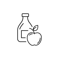 Apple vinegar or cider linear icon. Outline simple vector of bottle with fruit. Contour isolated pictogram on white background