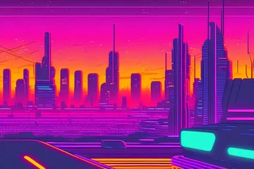 Schilderijen op glas Retro background night city landscape 1980s style. 80s Sci-Fi. Futuristic background retro wave.Cyberpunk and retro wave style illustration 8k - generative ai © unalcreative