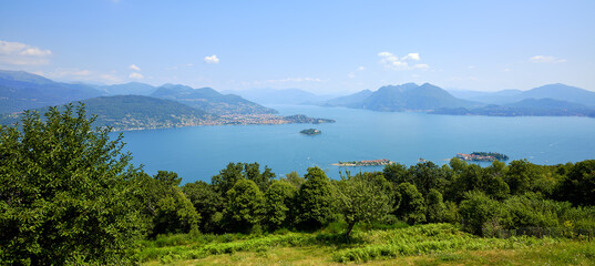 View from the hills of Stresa, in the background the city of Verbania, Lake Maggiore with the Borromean Islands, Isola Madre, Isola Bella, Isola dei Pescatori.