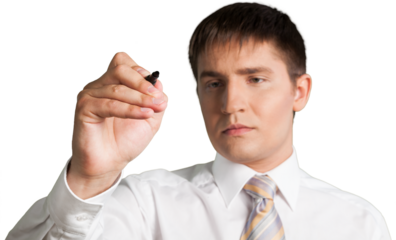 Portrait of young businessman in suit holding pen isolated on white background