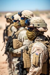 Obraz premium Soldiers squad with fully equipped and armed in a military operation in the scorching desert, generative AI