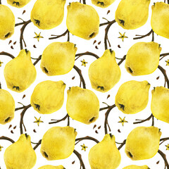 Quince branches with fruits, watercolor seamless pattern