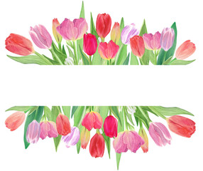 Template of a banner or a frame with hand painted bouquet of tulips on white. Romantic floral watercolor painting of flowers are framin an empty place in the middle where the text can be inserted