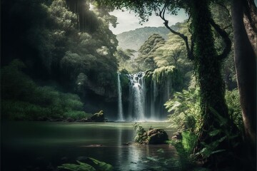 Fototapeta na wymiar Beautiful waterfall, magnificent mountains and lots of greenery AI