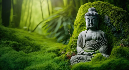 Buddha statue in the forest. Copy space. Based on Generative AI