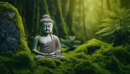 Buddha statue in the forest. Copy space. Based on Generative AI