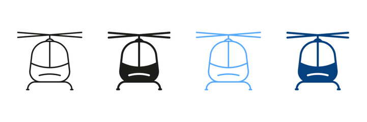 Helicopter Line And Silhouette Color Icons Set. Pictogram Of Air Transport. Collection Of Solid and Outline Symbols Of Military Aircraft on White Background. Isolated Vector Illustration