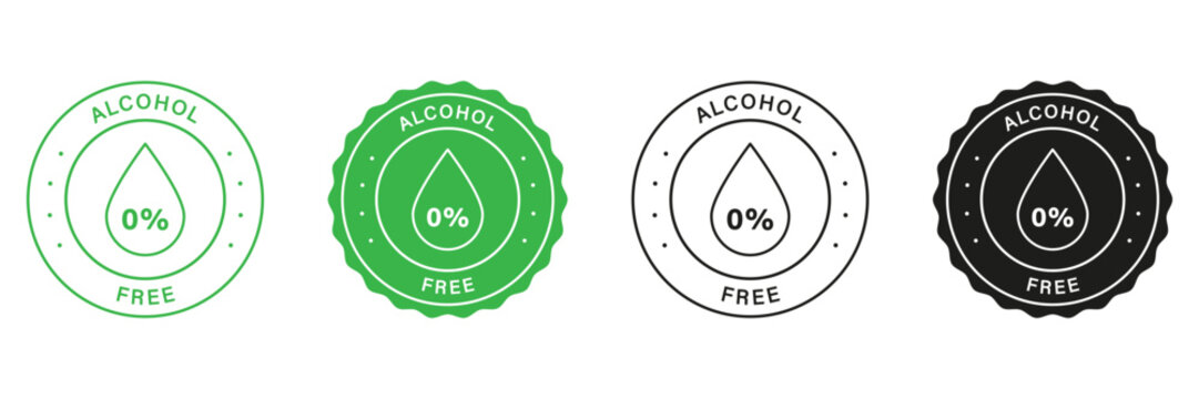 No Alcohol In Beauty Product Stamp Set. Zero Percent Alcohol-Free Labels. Natural Cosmetic Stickers For Alcohol Free Products. Droplet In Round Seal No Alcohol Icon. Isolated Vector Illustration