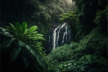 Naklejka na ściany i meble Beautiful waterfall, magnificent mountains and lots of greenery AI