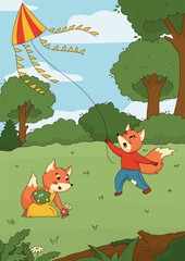 cartoon foxes playing in the forest glade
