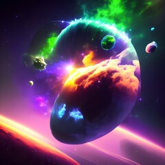Space scene. Green nebula with planet, spaceships and meteorits. Elements furnished  3D rendering - generative ai